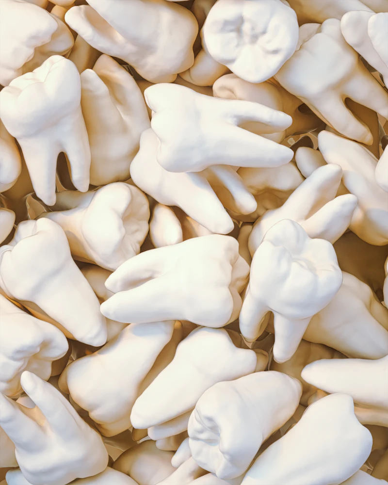 A pile of white model teeth with their roots